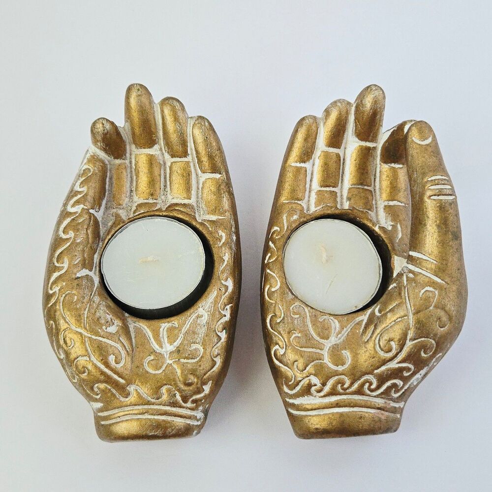 Mudra Buddha Gold Terra Cotta Hand Tea Light Candle Holders Set of 2 Yoga Zen